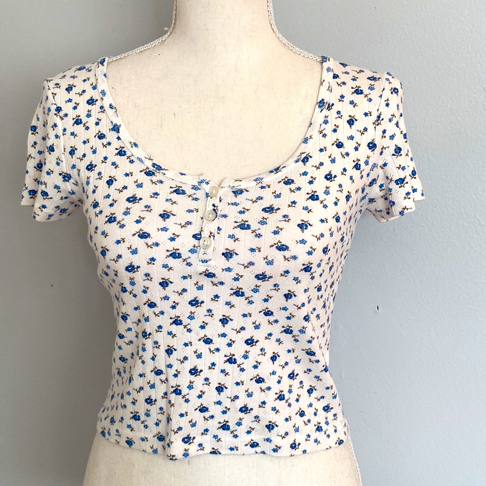 Brandy Melville Zelly White & Blue Floral Top, OS